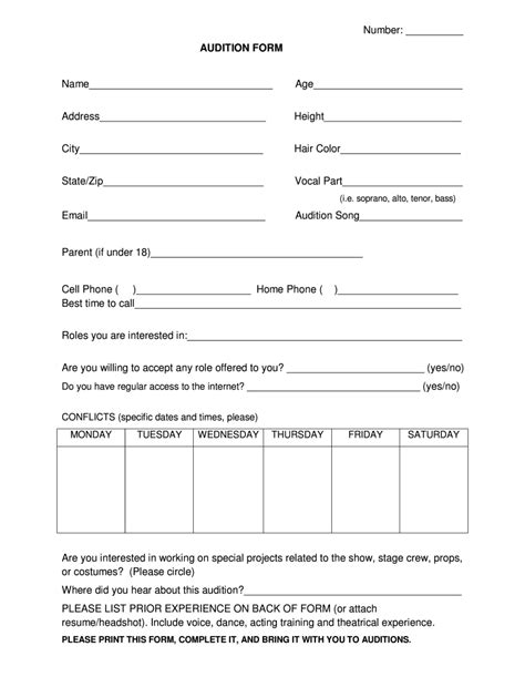 free printable audition form